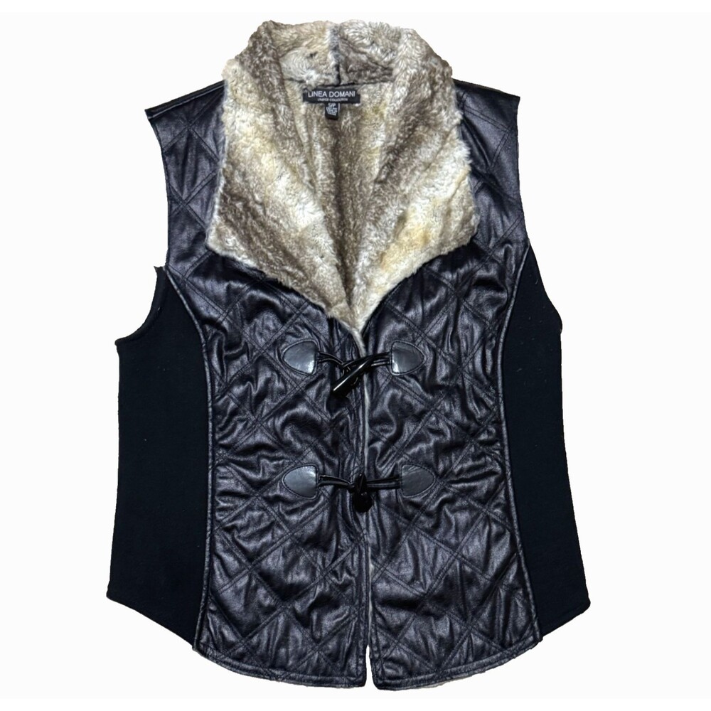 Linea Domani Women's Moto Vest S Black Quilted Faux Leather Sherpa Toggle Coat